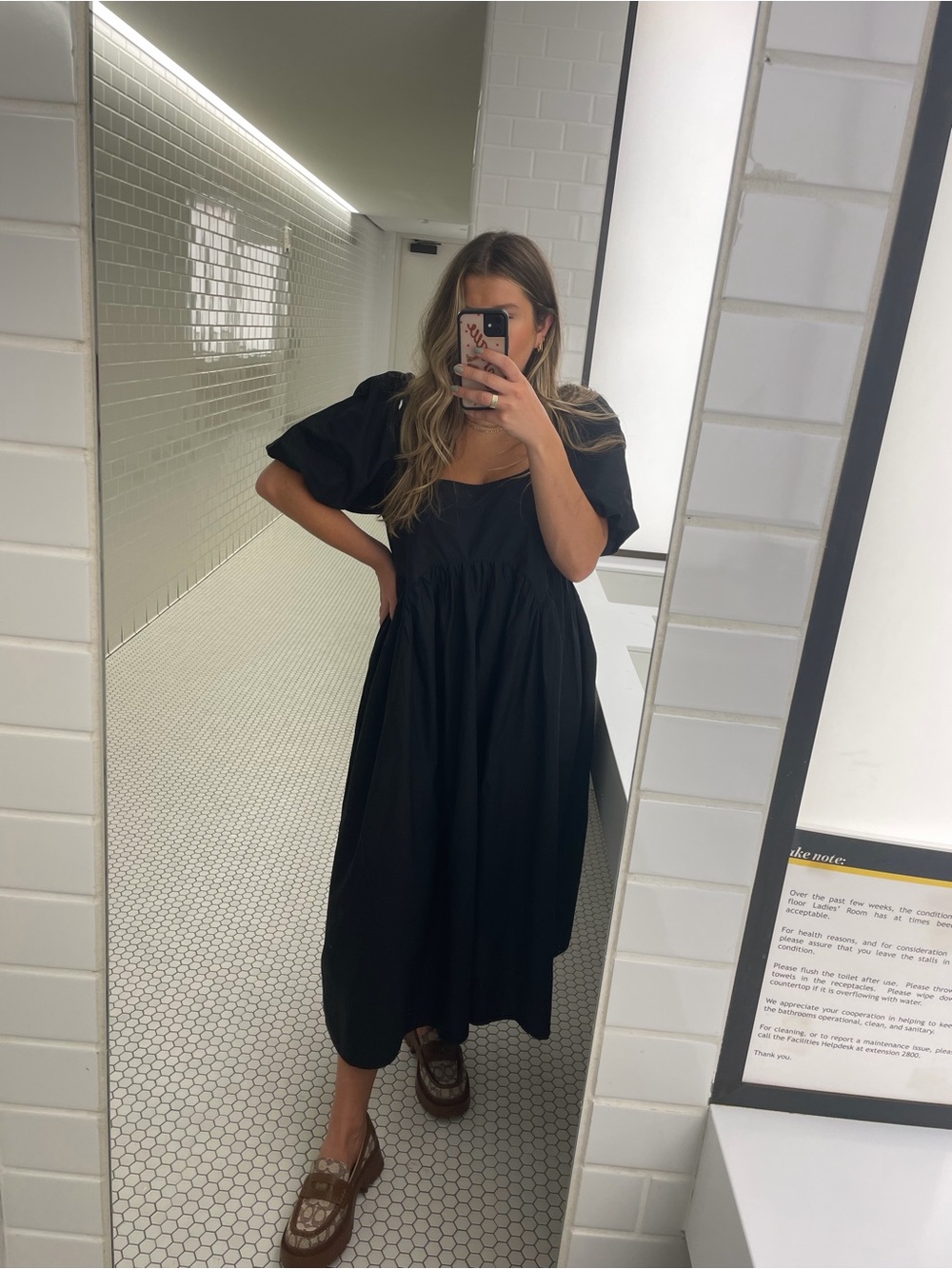 ASOS Black Puff-Sleeve Midi Dress with Scoop Neck